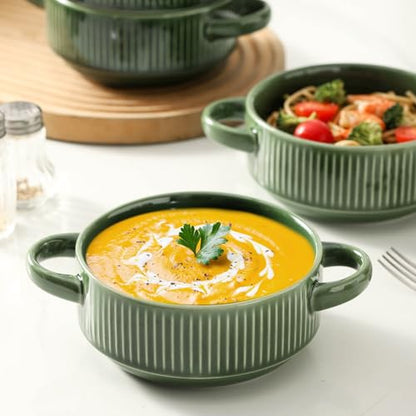 Soup Bowls with Handles, 23 oz French Onion Soup Crocks, Stackable Soup Bowl Oven Safe for Chili, Beef Stew, Embossment Ceramic Bowl Set - 5.4 Inch, Set of 4 (Green) - color: Green