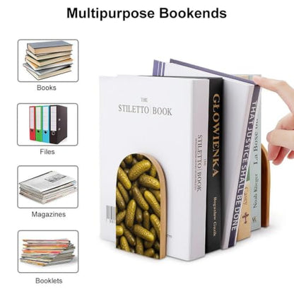 Wooden Book Ends with Metal Base Bookends Supports for Shelves, Pickle | Cucumber, Non-Slip Book Stoppers for Magazines, Books, DVDs, Small, 1 Pair - color: Style(633)