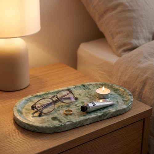 YKAJO Cloud Jade Oval Marble Tray, 11.8x5.9 Vanity Perfume Organizer Dish | Honed natural stone; jewelry & trinket dish, ring & key holder, soap & candle catchall; bath counter, dresser, coffee table - color: Cloud Jade, size: 11.8" x 5.9" x 0.6"