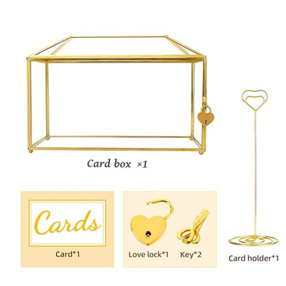 Glass Wedding Card Box with Lock, 12.6x5.9x9 inches Large Gold Card Boxes for Wedding Reception, Keepsake Display, Graduation, Party Centerpiece Decorative Box - size: 12.6 x 5.9 x 9 Inches without Arch