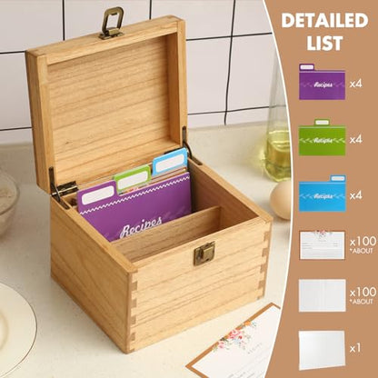 KIRIGEN Wooden Recipe Box with Cards and Dividers, 2 Compartments, Natural | Recipe Card Box Includes About 100 Cards, 100 Protectors, 12 Dividers, Acrylic Shield, Hinged Lid, and Metal Clasp - color: Natural