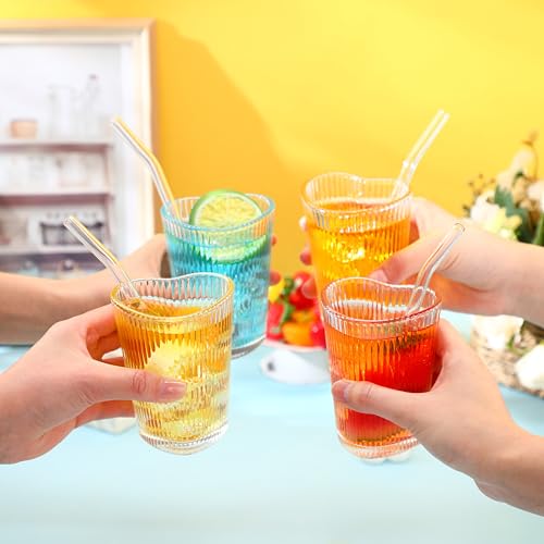 Skylety 6 Sets Heart Shaped Glass Tumbler with Straw Cute Drinking Cup Shot Glass for Juice Beer Cocktail Whiskey Summer Drinkware for Party Home Bar Club Restaurant Supplies, 5 oz(Vertical Stripes) - style: Vertical Stripes