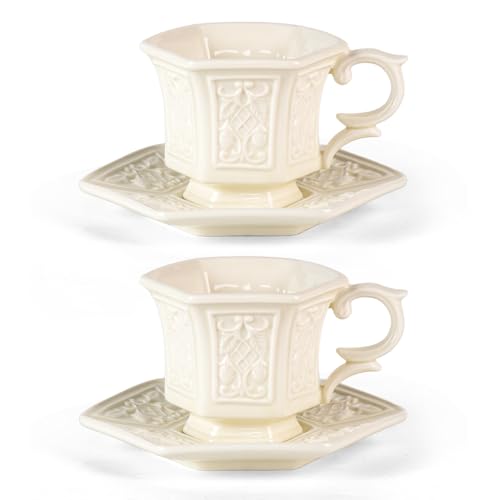 KAMMAK Tea Cups and Saucers Set of 2, 6 oz Porcelain Coffee Cups, SY003 | Stackable Espresso Mugs, Ceramic Demitasse for Coffee, Cappuccino, Latte, Americano, Tea - size: 8CZSY003