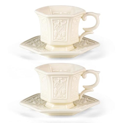 KAMMAK Tea Cups and Saucers Set of 2, 6 oz Porcelain Coffee Cups, SY003 | Stackable Espresso Mugs, Ceramic Demitasse for Coffee, Cappuccino, Latte, Americano, Tea - size: 8CZSY003