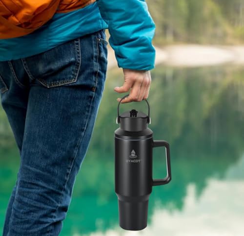 40 oz Tumbler with Handle and Straw or Convert to 40 oz Insulated Water Bottle Fits in Cup Holder. Stainless Steel Metal Water Flask with 2 Lids for Travel,Camping,Gym Sports Coffee Mug Thermal Cup - color: Black