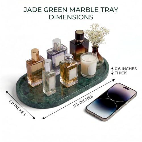 YKAJO Jade Green Oval Marble Tray, 11.8x5.9 Vanity Perfume Organizer Dish | Honed natural stone; jewelry & trinket dish, ring & key holder, soap & candle catchall; bath counter, dresser, coffee table - color: Jade Green, size: 11.8" x 5.9" x 0.6"