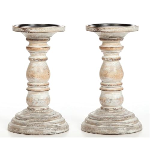 Hosley Set of 2 High Wood Candle Holder 8 Inch High for Pillar Wax Candles Flameless Candle. Distress Finish Candleholder. Ideal Gift for Wedding Party Home Spa Reiki Aromatherapy Candle Gardens O4 - size: 8 inch high x 2 Count