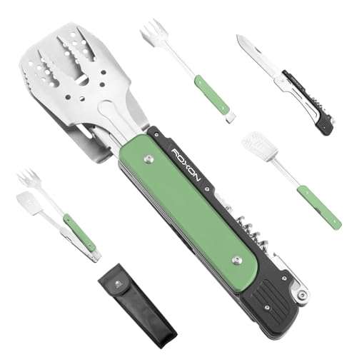 ROXON 6-in-1 Grill Tools Set, Metal Griddle Accessories Kit for Blackstone | BBQ Utensils: Tongs, Fish Spatula, Fork, Knife, Opener & Corkscrew; Stainless Steel, for Flat Top Cooking, Camping & Outdoor - color: Green