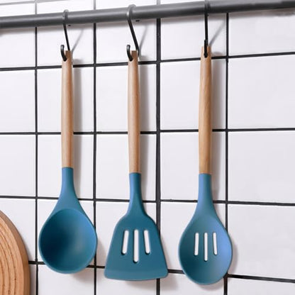 Silicone Kitchen Cooking Utensils Set 5Pcs Non-Stick Silicone Kitchen Utensils Set Spatula Spoon Turner Ladle with Wooden Handle, Heat Resistant Cooking Gadgets for Nonstick Cookware BPA-FREE - color: Blue, size: Standard 5-Piece Set