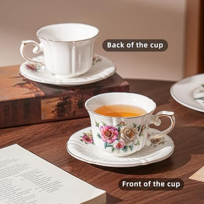 Ceramic Floral Cups with Saucers，7 oz Espresso Cups for Latte Coffee Cafe, Cappuccino and Tea (1, Camellia) - color: Camellia