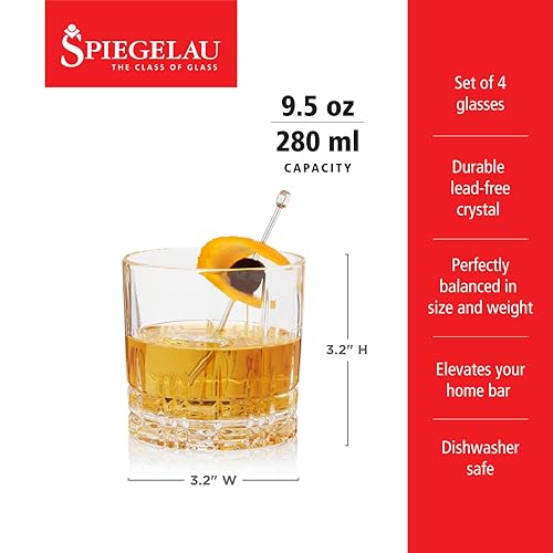 Spiegelau Perfect Serve Single Old Fashioned Glass Set of 4 - Lowball Cocktail Glasses, European-Made Crystal, Dishwasher Safe, Professional Quality Cocktail Glass Gift Set - 9.5 oz - style: S.O.F.