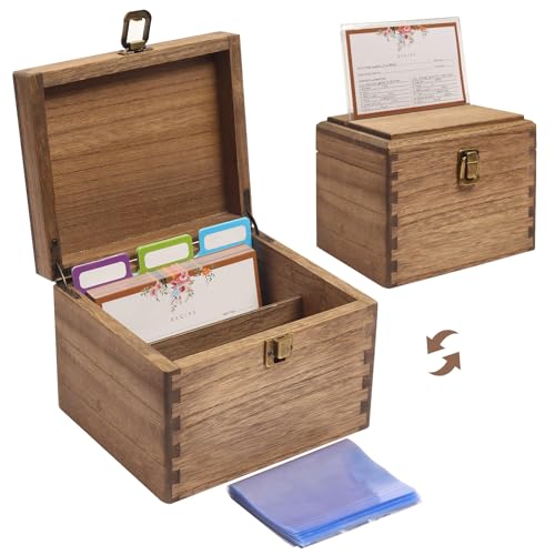 KIRIGEN Wooden Recipe Box with Cards and Dividers, 2 Compartments, Brown | Recipe Card Box Includes About 100 Cards, 100 Protectors, 12 Dividers, Acrylic Shield, Hinged Lid, and Metal Clasp - color: Brown