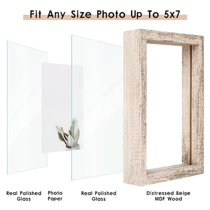 MUYE 5x7 Floating Frames Distressed Beige White Wood Pattern,Double Glass Picture Frame Display Any Size Photo up to 5x7,Wall Mount or Tabletop,2 Pack - color: Beige, size: 5x7