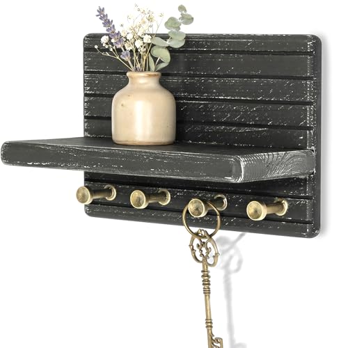 Rebee Vision Key Holder Wall Mount with Shelf for Home Decor, Old Black | Pine Wood, Key Holder for Wall, 4 Key Hooks, Mini Floating Shelf, Apartment Essential, Kitchen Storage, Apartment Essential - color: OldBlack, size: Small-7inch