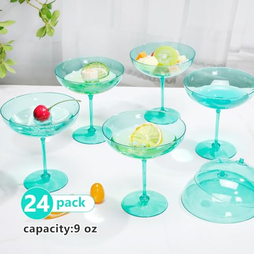 LemonRoad 24 Pcs Plastic Coupe Glasses 9 oz Disposable Martini Glasses for Cocktails, Champagne, Desserts and Espresso, Drinkware Set for Weddings, Birthday Parties, Home Bars (Light Green) - color: Light Green