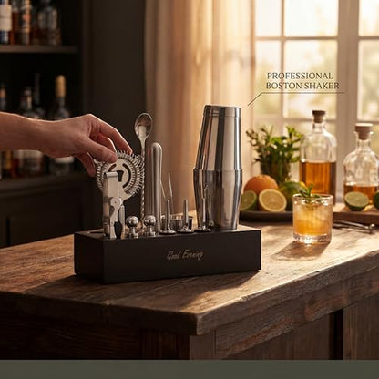 Premium 18-Piece Bartender Kit - Mixology Cocktail Shaker Set with Modern Bamboo Stand, Weighted Boston Shaker, Bar Mat & Recipe Book | 304 Stainless Steel Home Bar Accessories