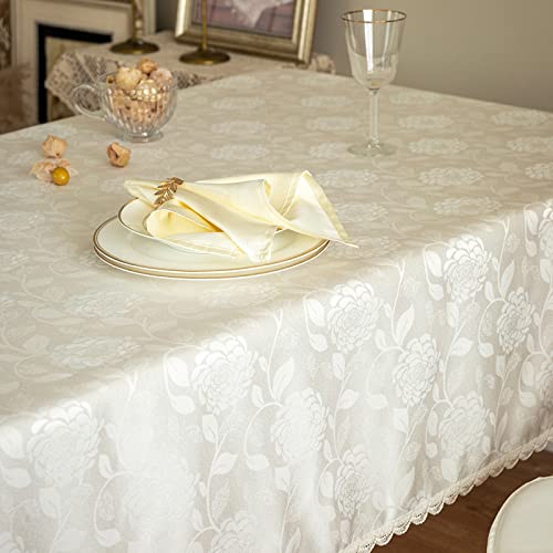 GLORY SEASON Rose Jacquard Textured Tablecloth Waterproof Spillproof Lace Trim Rectangle Table Cloth, Oblong Table Cover for Kitchen Dinning Tabletop Decor,60x120 Inch,Ivory White - size: 120" x 60" (Rectangular)