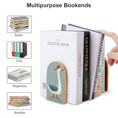 Wooden Bookends Shelves 2 PCS Cute Goose on A Skateboard Sturdy Book Holders Desktop Organizer for Home Office Libraries