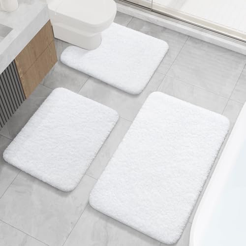 LOCHAS Bathroom Rugs Sets 3 Piece, Microfiber Bath Mat Set Non Slip, White | Washable Absorbent Toilet Rug, Shaggy Soft Cozy Quick Dry - color: White, size: 30" x 20" + 24" x 17" + U Shape 24" x 20"