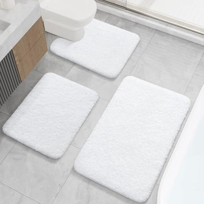 LOCHAS Bathroom Rugs Sets 3 Piece, Microfiber Bath Mat Set Non Slip, White | Washable Absorbent Toilet Rug, Shaggy Soft Cozy Quick Dry - color: White, size: 30" x 20" + 24" x 17" + U Shape 24" x 20"