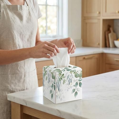 Leaves and Flowers Tissue Box Cover, Floral Leather Tissue Box Holder Square Facial Paper Organizer Dispenser for Bathroom Kitchen Bedroom Vanity Countertop Nightstands - color: Leaves and Flowers