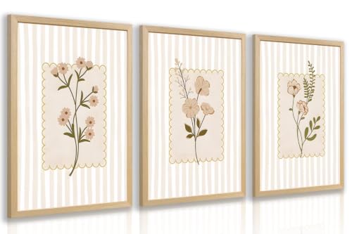 OPFDE Wood Framed Botanical Wall Art Set of 3, Neutral Wildflower Wall Decor, Minimalist Beige Stripe Poster Print, Vintage Cottagecore Farmhouse Floral Artwork for Living Room Bathroom 16x24 Inch - color: Beige, size: 24"L x 16"W