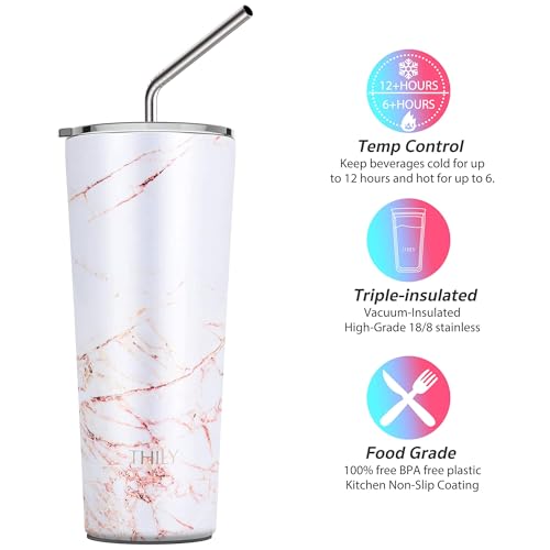 THILY Stainless Steel Vacuum Insulated Tumbler Travel Mug 26 oz Coffee Cup with 2 Lids and Straws, Splash Proof, Keep Ice Drinks Cold, Gold Marble - color: Gold Marble, size: 26 Ounce (Pack of 1)