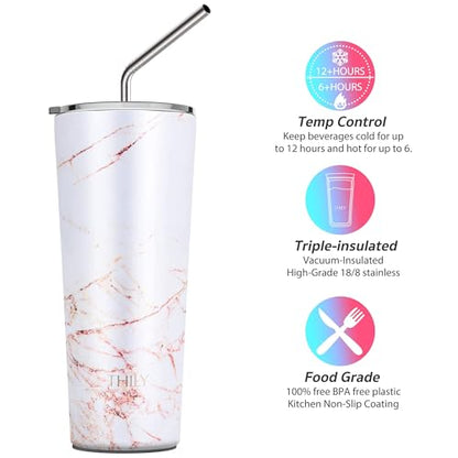 THILY Stainless Steel Vacuum Insulated Tumbler Travel Mug 26 oz Coffee Cup with 2 Lids and Straws, Splash Proof, Keep Ice Drinks Cold, Gold Marble - color: Gold Marble, size: 26 Ounce (Pack of 1)
