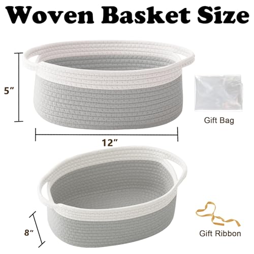 2 Pack Small Woven Rope Basket with Handles, White&Grey | Empty Gifts Basket with Bag and Ribbons, Cute Handle Organizer Box, Birthday/Baby Shower, Toy Storage - color: 2PC-White & Grey