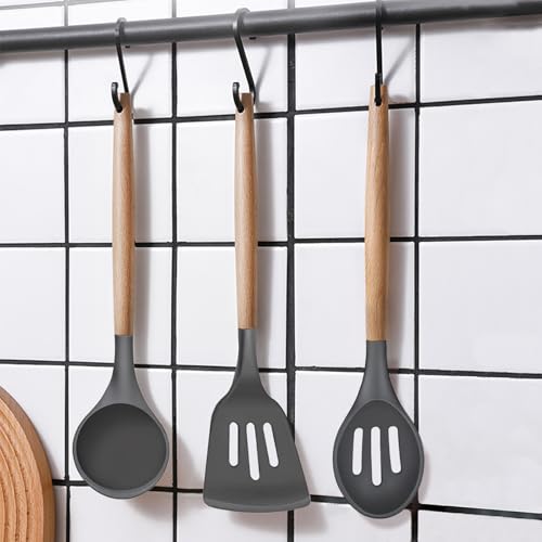 Silicone Cooking Utensils Set 5-Piece Non-Stick Kitchen Utensil Set, Wood Handle Heat Resistant Spatula Spoon Turner Soup Ladle Silicone Cooking Kitchen Gadgets BPA Free for Nonstick Cookware - color: Gray, size: Standard 5-Piece Set