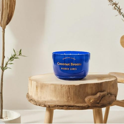 Hidden Label Coconut Breeze Candle, 18oz 3-Wick Soy Wax | 75+ Hour Burn | Tropical Shore Blend | Non Toxic Plant Wax | Triple Flame Even Melt | Housewarming Ready - color: Coconut Breeze