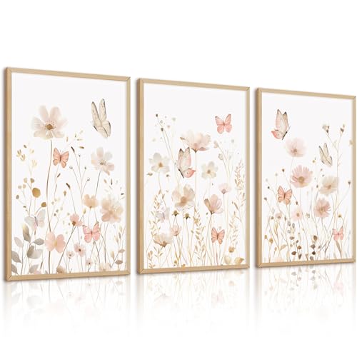 Pink Floral Wall Art Vintage Nursery Wildflower Canvas Wall Decor Watercolor Flower Prints Pink Boho Botanical Poster Butterfly Pictures Gold Beige Floral Painting for Bedroom 12x16 Inch Unframed 3pcs - color: Pink Butterfly Art, size: 12''x16'' Unframed