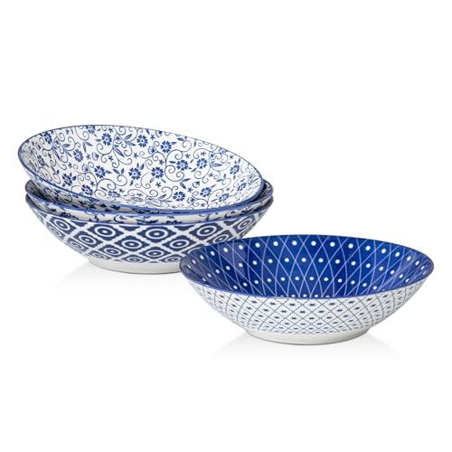 Ceramic Pasta Bowls Set - Large 40 Oz Porcelain Salad & Serving Bowls - 9.3 Inch Wide Bowls for Eating - Housewarming Wedding Gift - Oven & Dishwasher Safe - Set of 4 - Vintage Blue | 9.3 Inch Porcelain Salad & Serving Bowls - Wide Bowls for Eating - Oven