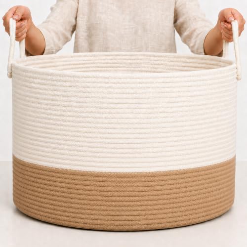 OrganiHaus Round Toy Basket & Blanket Basket, Cotton Rope 20x13" | Honey / Off-White - Round Cotton Rope Basket, 20x13" - color: Honey / Off-White, size: Wide