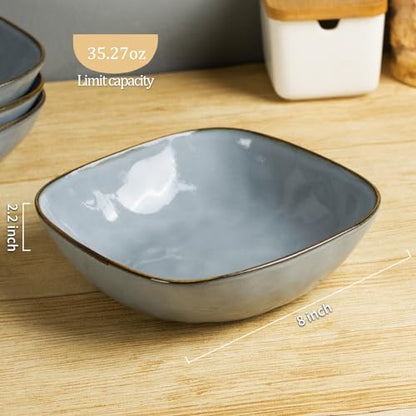 famiware Ocean Pasta Bowls Set of 4, Square 8" Serving Bowl, Blue | Microwave & Dishwasher Safe, Lead-free and Cadmium-free, Stoneware Scratch Resistant Plates Bowls, Serving Bowls - color: Blue