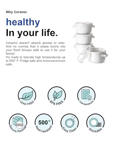 LE TAUCI Soup Bowls With Handles 28 oz and Silicone Lids, French Onion Soup Bowl for Chili, Beef Stew, Cereal, Ceramic Soup Crocks oven Safe, Microwave Dishwasher Safe - 5.5 inch, Set of 4, White - color: White+Lid