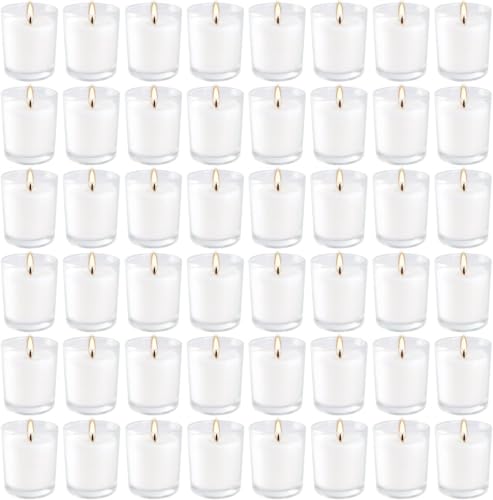 Set of 48 Pack White Unscented Clear Glass Filled Votive Candles. Hand Poured Wax Candle Ideal Gifts for Home Décor Parties Weddings Holidays and Meditation (White) - color: 48 White