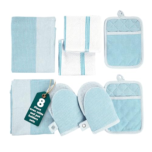 Casa Platino Oven Mitts and Pot Holders Sets, 8-Piece – 500°F Heat Resistant Mini Oven Mitt with Silicone Grip, Potholders for Kitchens, 2 Kitchen Towels & 2 Dish Cloths – Non-Slip & Durable – Aqua - color: 04: Oven Mitts - Aqua, size: Oven Mitt Set - 8 P