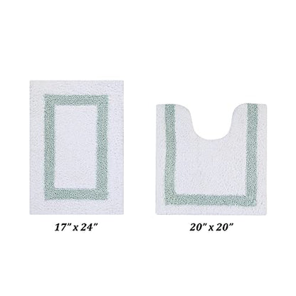 Better Trends 100% Cotton Hotel Collection Bath Mats Set, White & Blue Mats - Tufted, Reversible & Absorbent & Machine Washable 2 Piece Bathroom Rug Set, Toilet Base & Sink Bath Mat Rug - color: White & Blue, size: 2 Piece Set (17" x 24" | 20" x 20")
