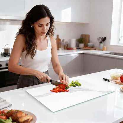 Murrey Home Glass Cutting Board for Kitchen Counter, Tempered Glass Chopping Boards Dishwasher Safe, Small Clear Countertop Tray, Scratch Resistant, Heat Resistant, Non Toxic, White Marble, 12"x8" - color: Textured White Marble, size: 11.8"L x 7.9"W