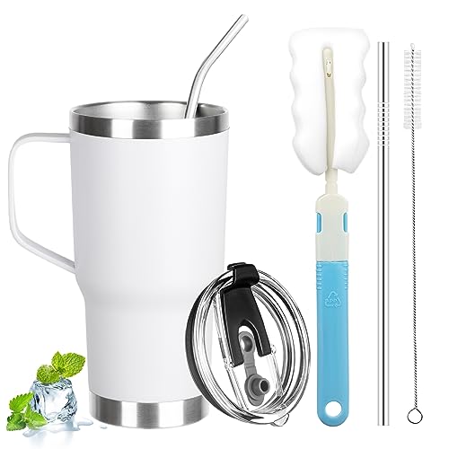 20 oz Tumbler with Handle, Stainless Steel Insulated Tumbler with Lid and Straw, Double Wall Vacuum Coffee Mug Tumbler, Insulated Coffee Thermal Cup for Cold and Hot (White) - color: White, size: 20 Ounces