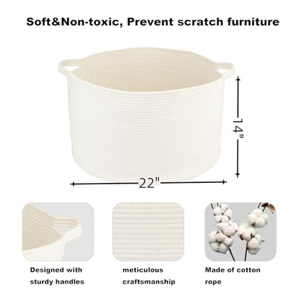 XUANGUO Extra Large Cotton Rope Round Storage Basket 22" x 14" White | Woven basket for blankets, toys, towels, laundry, nursery, living room and pet toy storage. - color: white