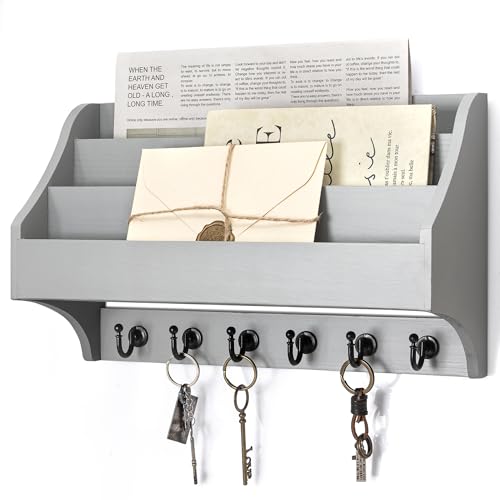 Rebee Vision Mail Organizer Wall Mounted with Mail Slot for Home, Gray | Pine Wood, Key Holder Wall Mount, 3-Tier Mail Holder, 6 Key Hooks, File Organizer, Entryway Storage, Apartment Aesthetic - color: Gray