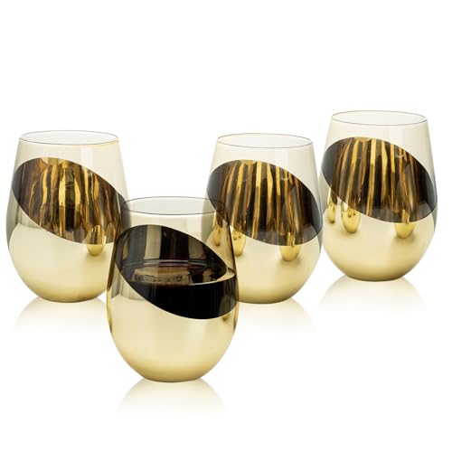 MyGift 18 oz Amber Brown Stemless Wine Glasses, Brass Accent, Set of 4 | Angled brass accents and amber glass create a retro-inspired look for cocktails, wine, dinners, and special occasions - color: Amber / Gold-4