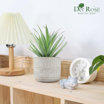 Der Rose 8.5" Fake Succulent Plant in Striped Ceramic Pot for Boho Decor | Small fake plants，sturdy cement planter, eco-friendly，suitable for bathroom bedroom office desk shelf boho decor