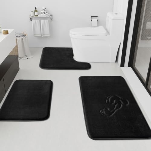 Bathroom Rugs Sets 3 Piece, Non-Slip & Quick Dry Bath Mat Set, Ultra Soft Velvet Bath Rugs for Bathroom, Toilet and Shower Floor, Black - color: Black, size: 17"x24"+20"x32"+U Shape 20"x24"