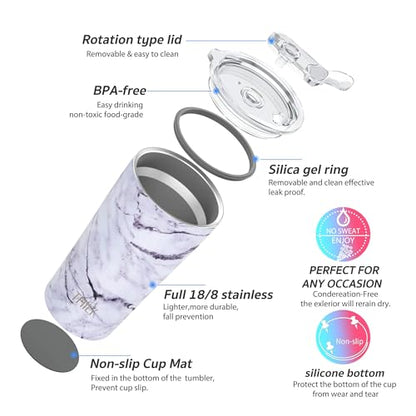THILY Stainless Steel Vacuum Insulated Tumbler Travel Mug 20 oz Coffee Cup with 2 Lids and Straws, Splash Proof, Keep Ice Drinks Cold, White Marble - color: White Marble, size: 20 Ounce (Pack of 1)