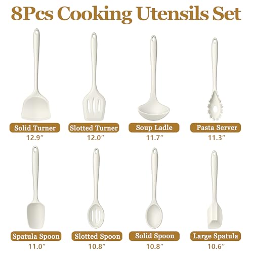 LIANYU 8Pcs Kitchen Cooking Utensils Set, Nonstick Silicone Utensil Sets | Heat Resistant Kitchen Gadgets Essentials for Nonstick Cookware, with Spatula, Spoon, Tuner, Ladle, Dishwasher Safe, White - color: White