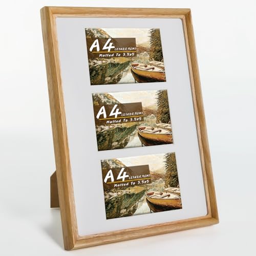 A4 Collage Picture Frame,Premium Solid Oak Photo Frame With Tempered Glass,Displays 3 Pcs 3.5x5 Pictures,Handcrafted Rounded Corner,Wall or Tabletop Display - color: Oak, size: A4