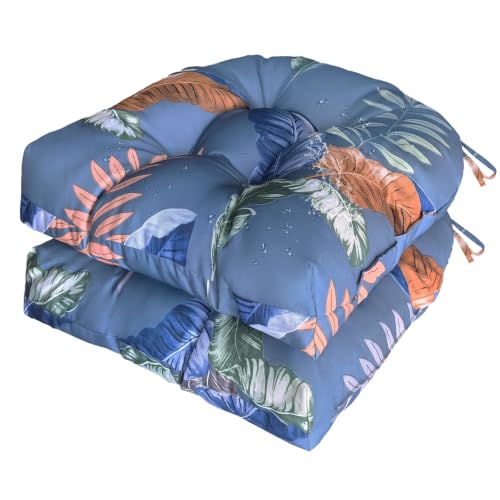 Gnostik Outdoor Indoor Floral Seat Cushions 18.6"X18.6" Waterproof Patio Chair Pads for Porch, Dining, Garden, Balcony, Office Set of 2 - color: Blue Leaf